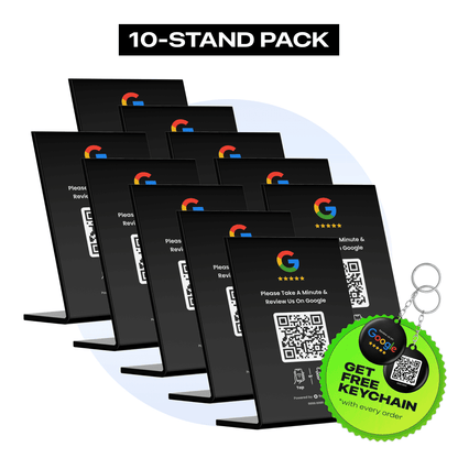 Pack of 10 black Google Review stands with integrated QR codes and NFC chips for seamless review collection.