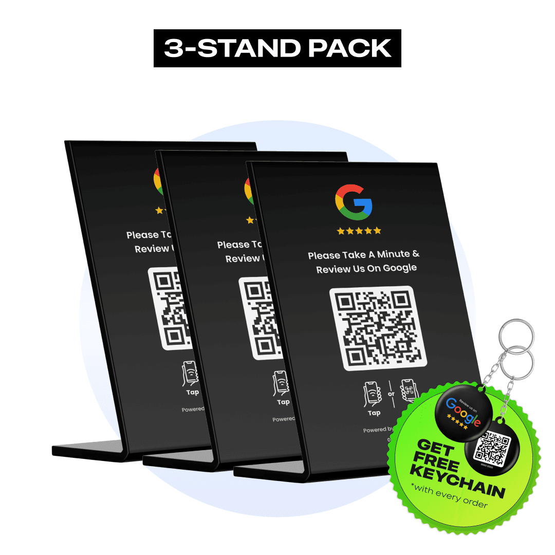 Pack of 3 black Google Review stands with QR codes and NFC chips for review collection.