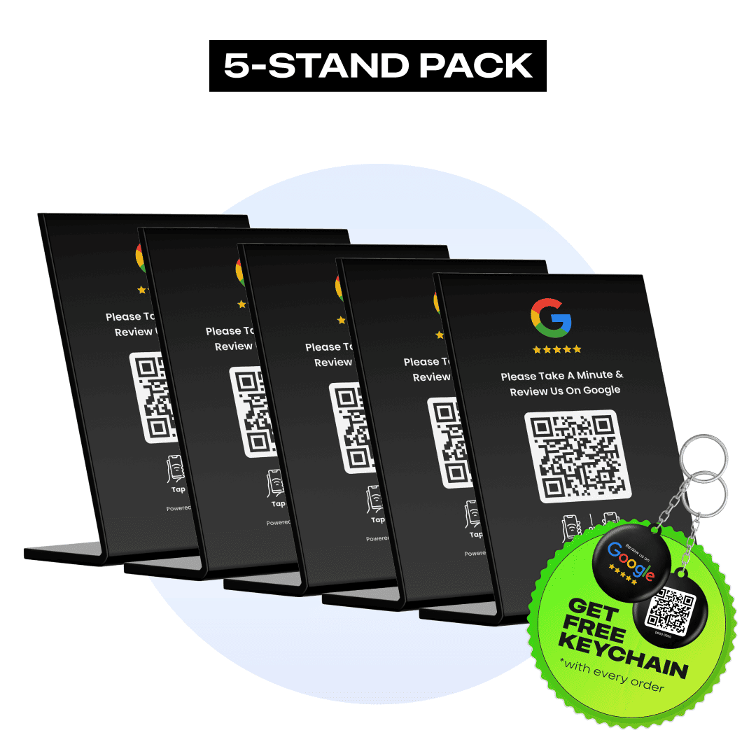 Set of 5 black Google Review stands featuring QR codes and NFC chips for feedback collection.