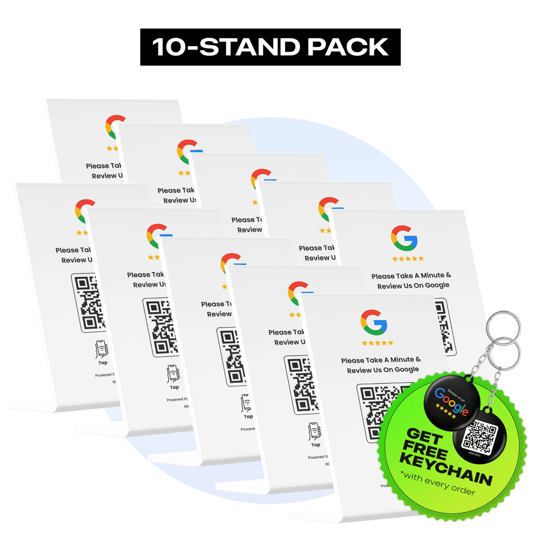 Pack of 10 white Google Review stands with integrated QR codes and NFC chips for seamless review collection.