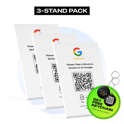 Pack of 3 white Google Review stands with QR codes and NFC chips for collecting reviews.