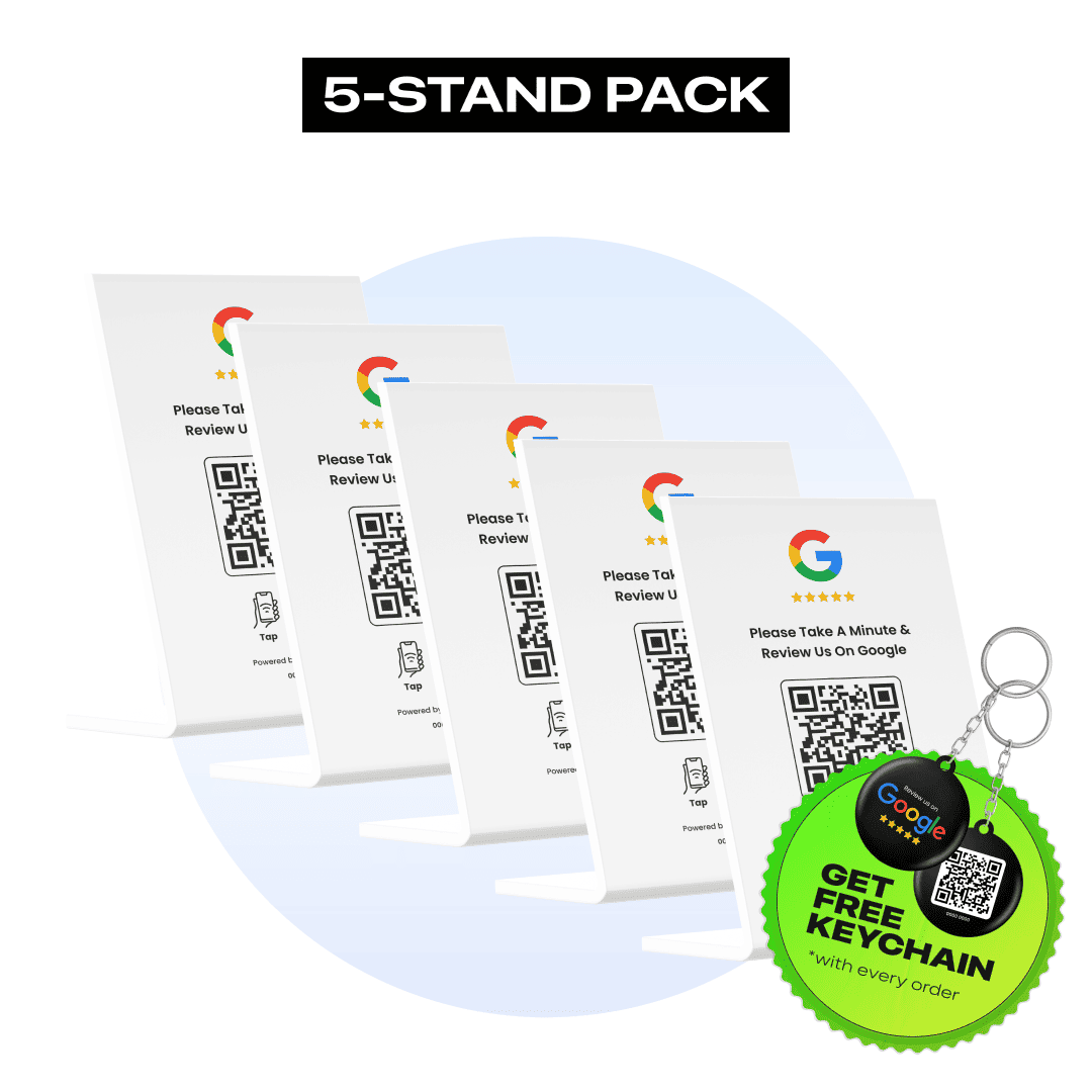 Set of 5 white Google Review stands featuring QR codes and NFC chips for feedback collection.