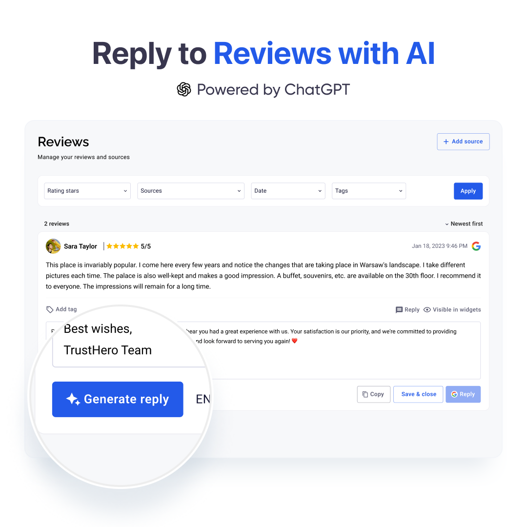 Interface for replying to customer reviews using AI, powered by ChatGPT. The screen displays a review from a customer, rated 5 stars, with a suggested reply generated by the system. A button labeled 'Generate reply' is highlighted, emphasizing automated response capabilities.