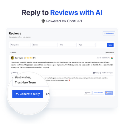 Interface for replying to customer reviews using AI, powered by ChatGPT. The screen displays a review from a customer, rated 5 stars, with a suggested reply generated by the system. A button labeled 'Generate reply' is highlighted, emphasizing automated response capabilities.